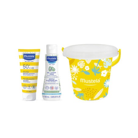 Mustela Kit Leite Solar Proteção SPF50+ E Gel Lavante Corpo E Cabelo Oferta Balde de Praia