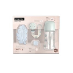 Suavinex Conjunto de Oferta Poetry Azul – Biberão 270 ml, Chupeta SX Pro, Mordedor e Prendedor