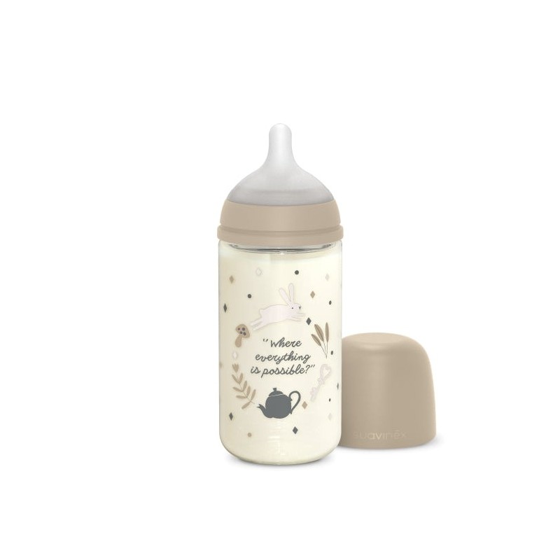 Suavinex Wonderland Biberão de Vidro 240ml – Tetina Silicone Redonda Fluxo Médio Anticólicas