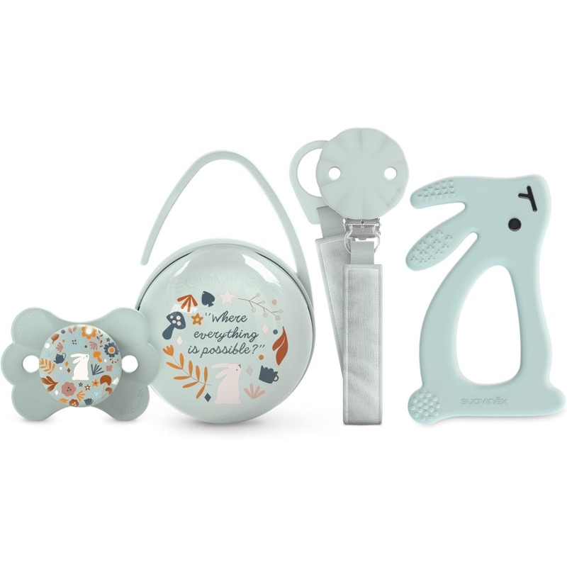 Suavinex Set Presente Wonderland Verde – Chupeta 0-6m + Corrente de Chupeta + Mordedor + Porta-Chupetas