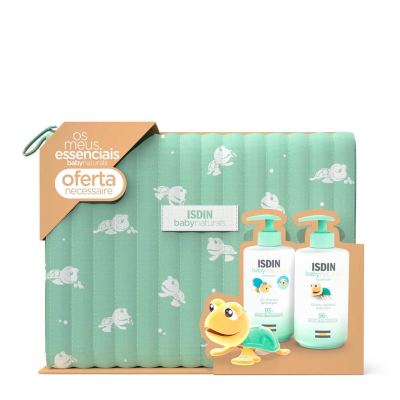 ISDIN Baby Naturals Coffret Essenciais Banho – Gel-Champô 400 ml + Loção Corporal 400 ml + Necessaire